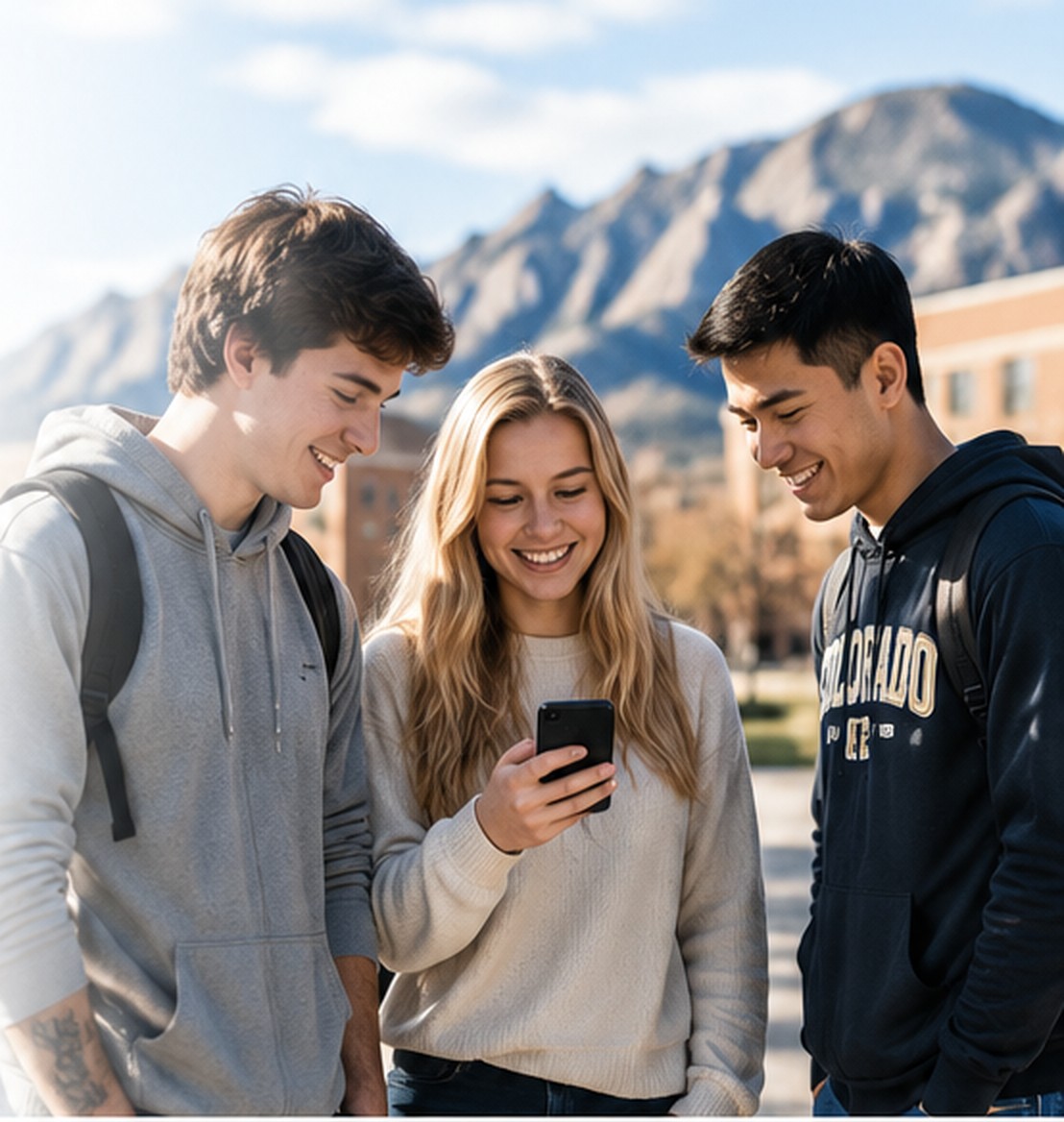 College students looking at a phone together on campus